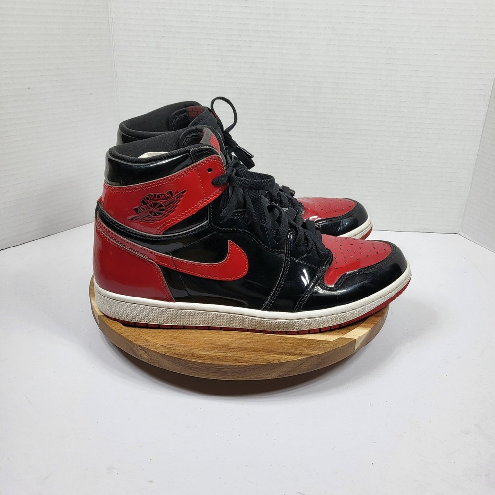Jordan 1 High OG Patent Bred Mens Size 10 Black Red Good 555088-063 Sneakers